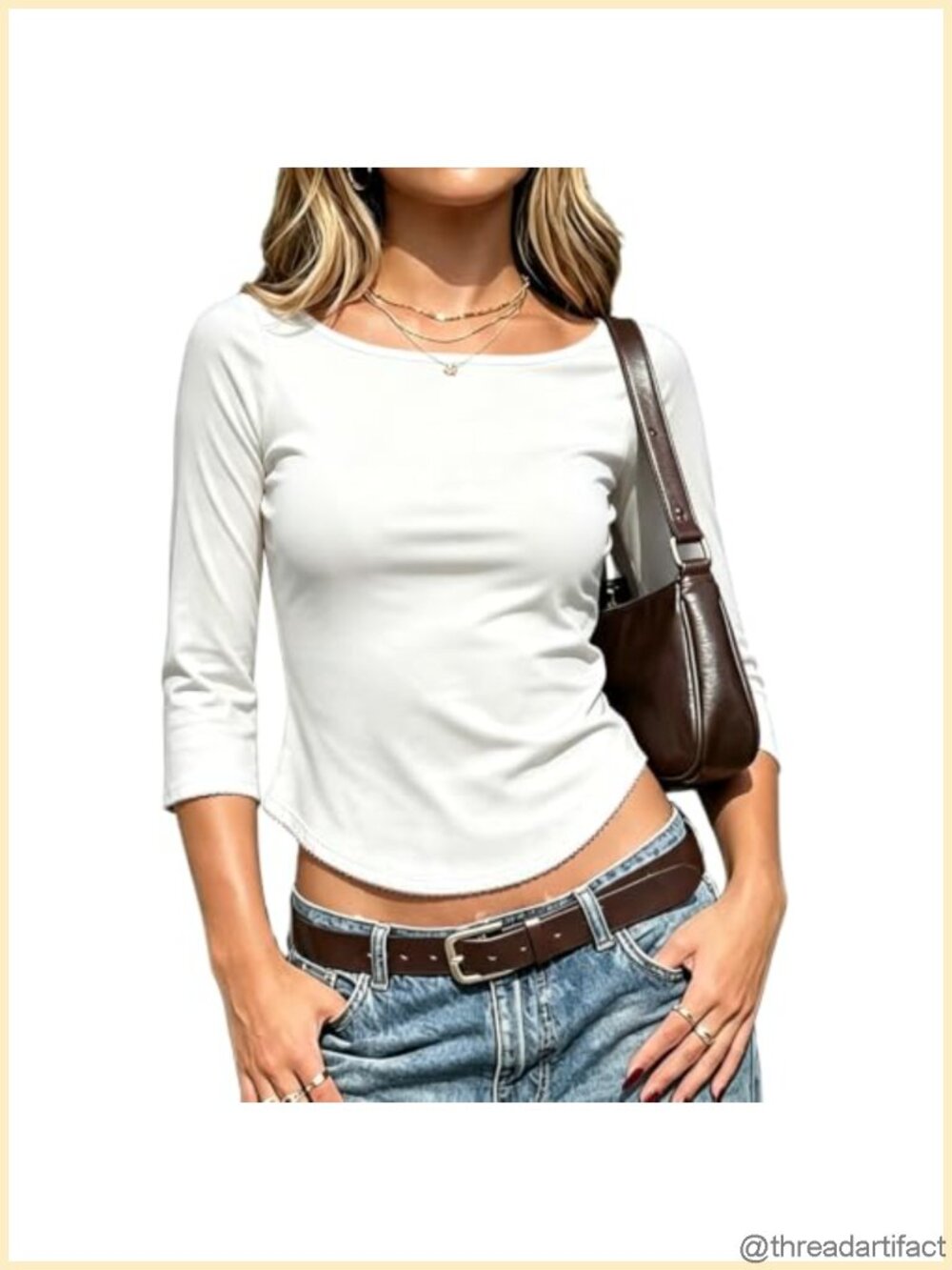 Y2K Boat Neck 3/4 Sleeve Crop Top Slim Fit Striped T Shirt